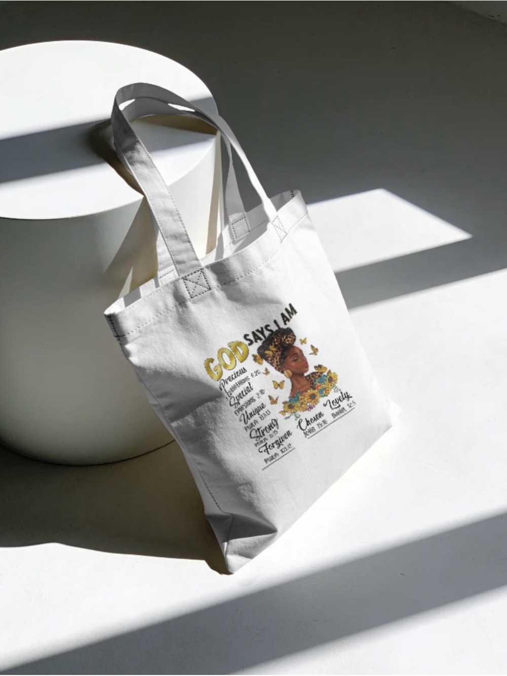 White Graphic Canvas Tote Bag with Gold Accents